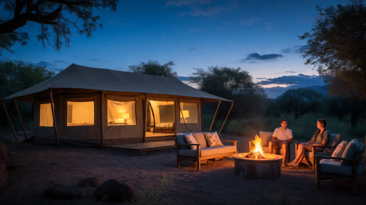 Couple relaxing outside a lit glamping tent at twilight.