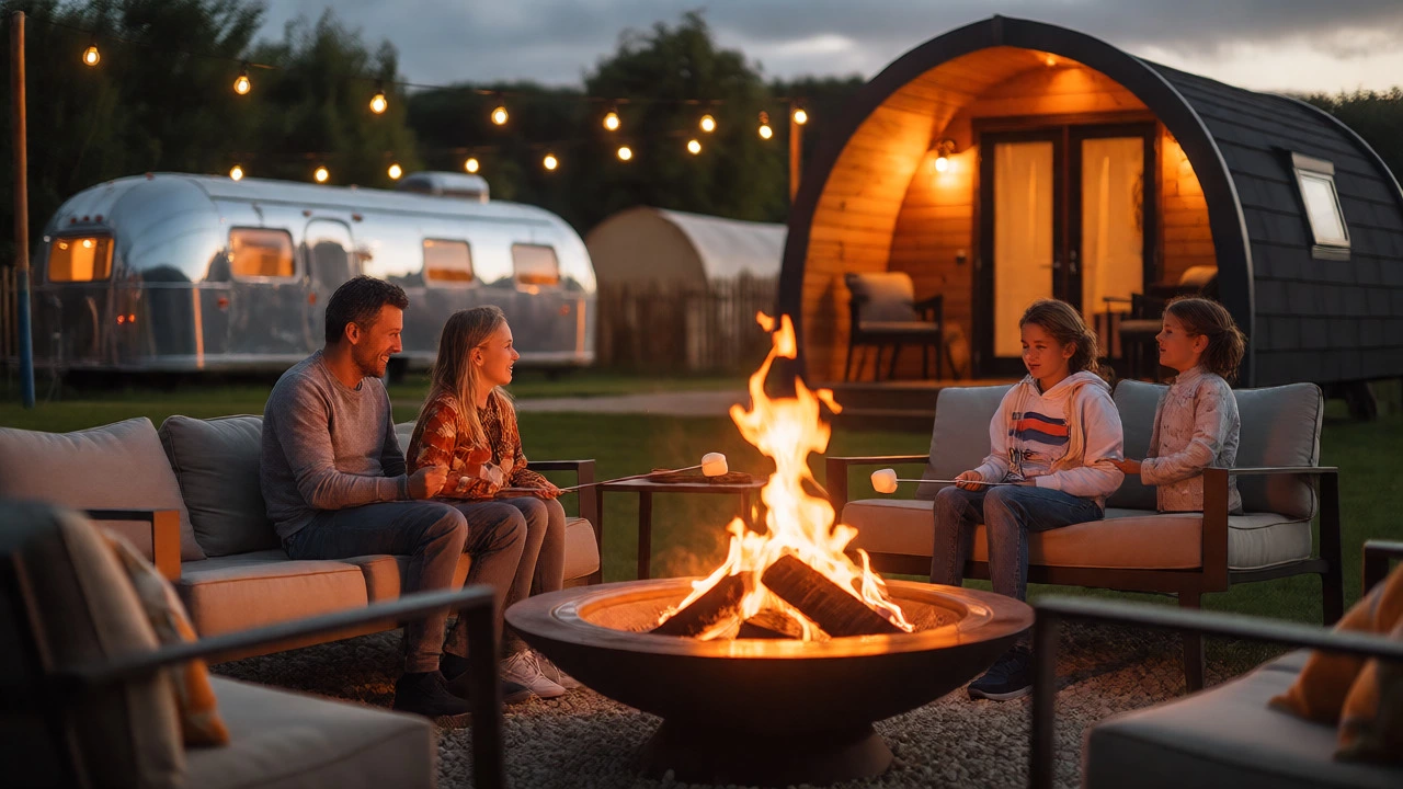 Family enjoying campfire near glamping units