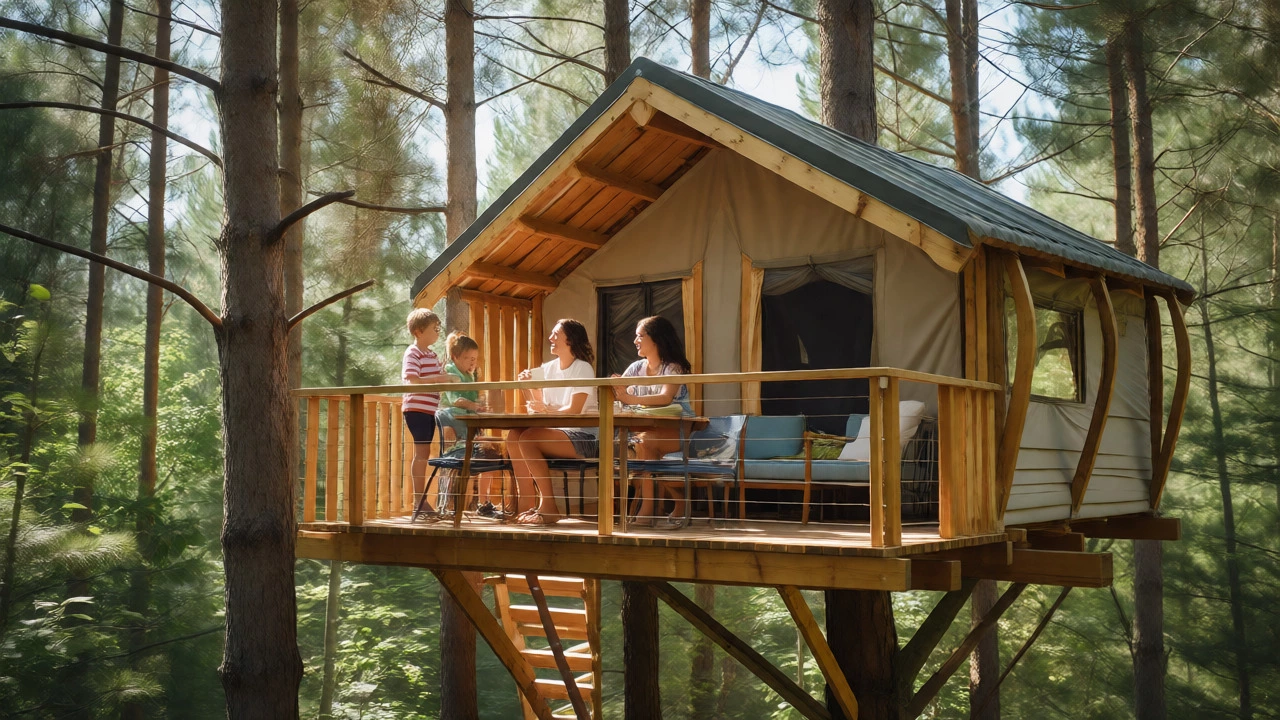Family relaxing on the balcony of a treehouse glamping suite
