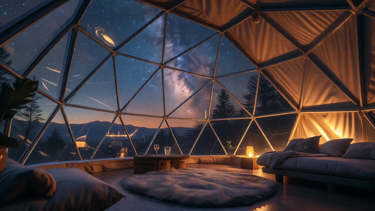 Geodesic dome interior with starry night sky view