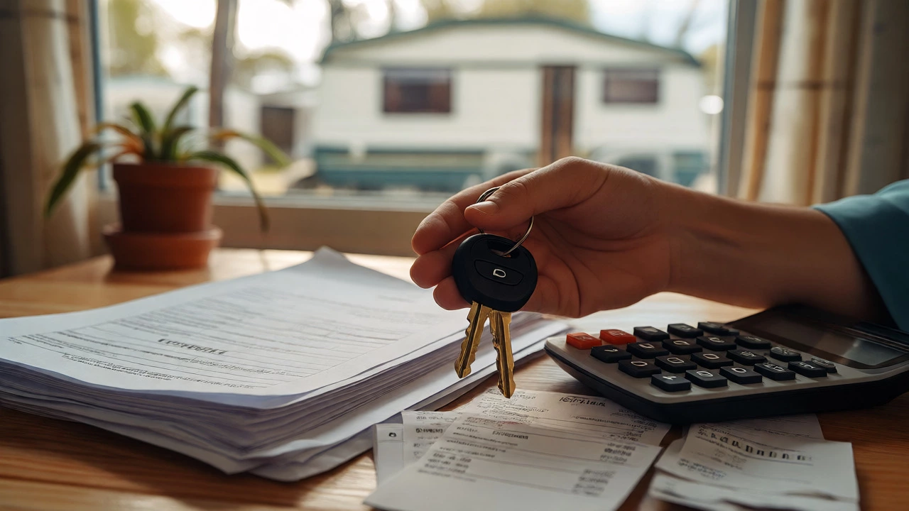 Hand holding keys near insurance docs and calculator at a caravan park setting