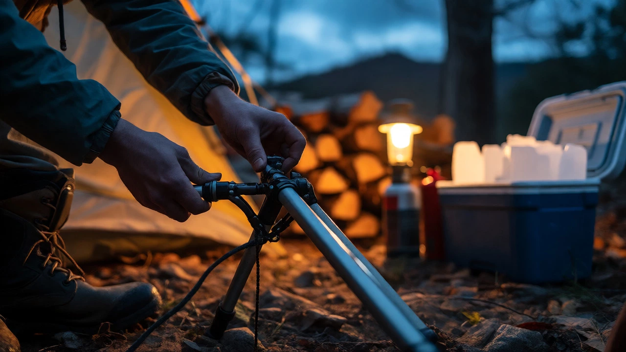 Hands setting up a tent at dusk with camping supplies nearby.