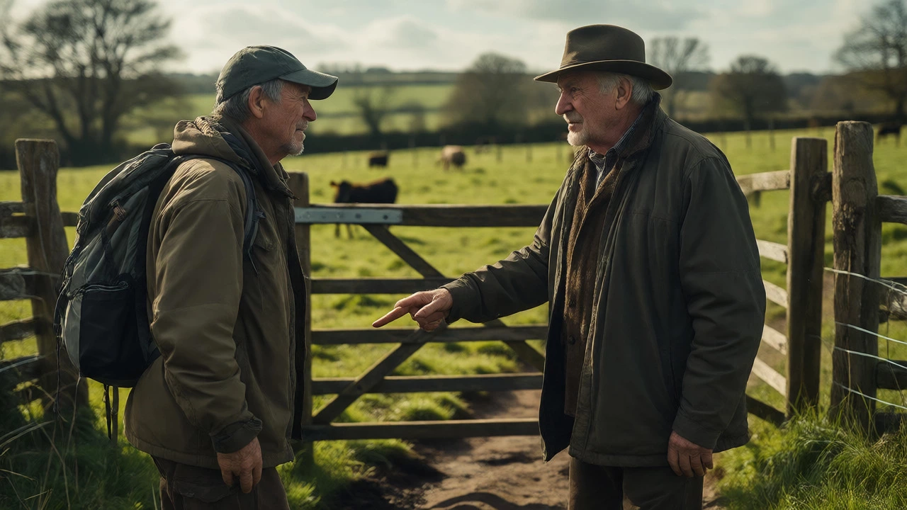 Hiker speaking respectfully with a landowner near a field gate