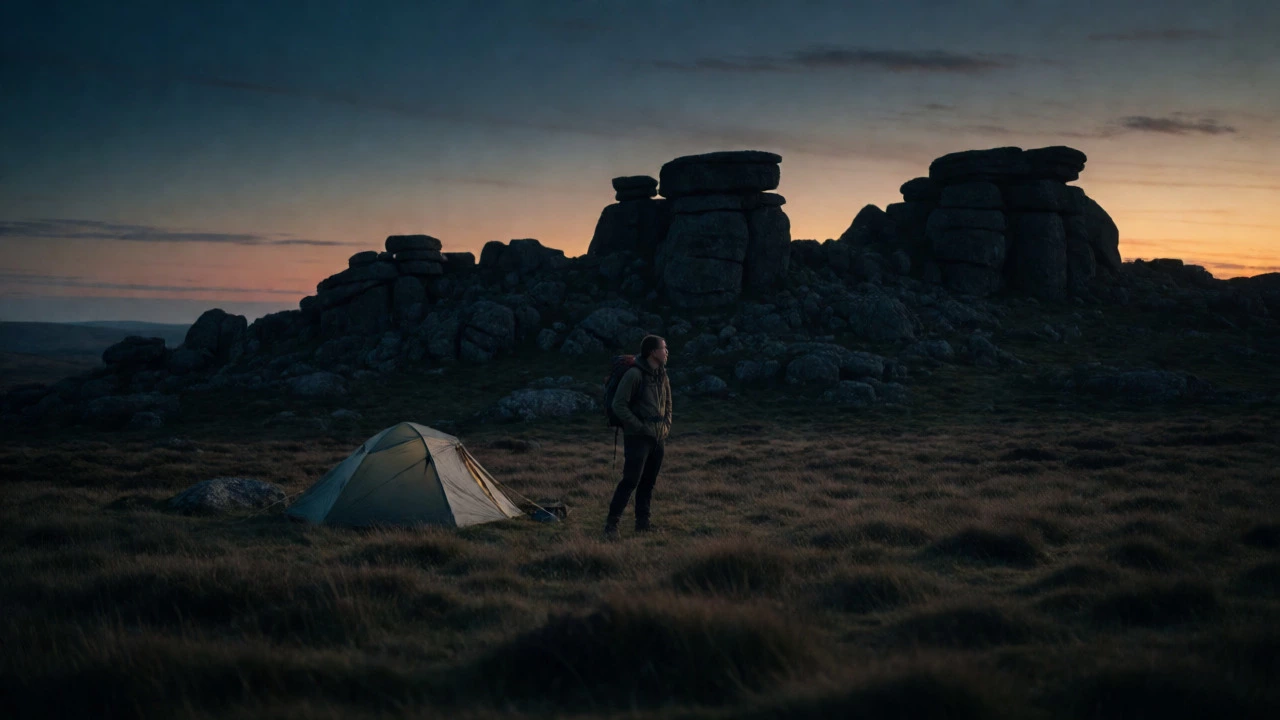 Hiker with tent on Dartmoor moorland at sunset near granite tors.