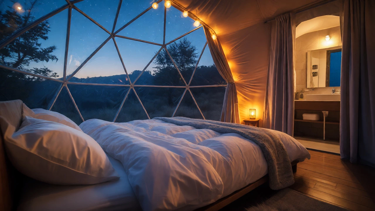 Luxury bed inside a geodesic dome overlooking a starry night sky