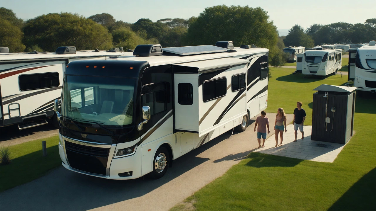 Luxury motorhome with solar panels at a premium coastal caravan park