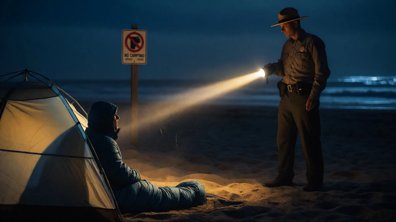 Park ranger shining flashlight on camper at night on beach