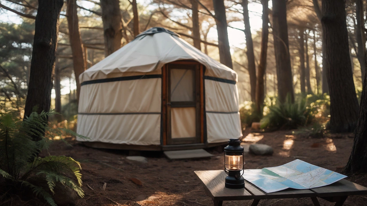 Rustic yurt campsite in coastal forest