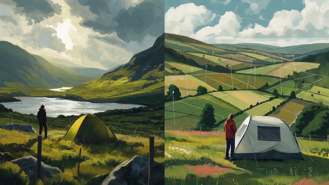 Split scene contrasting free camping in Scotland with restricted access in England