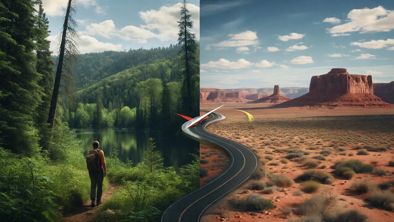 Split view comparing lush Wisconsin forests with arid Western BLM landscapes.