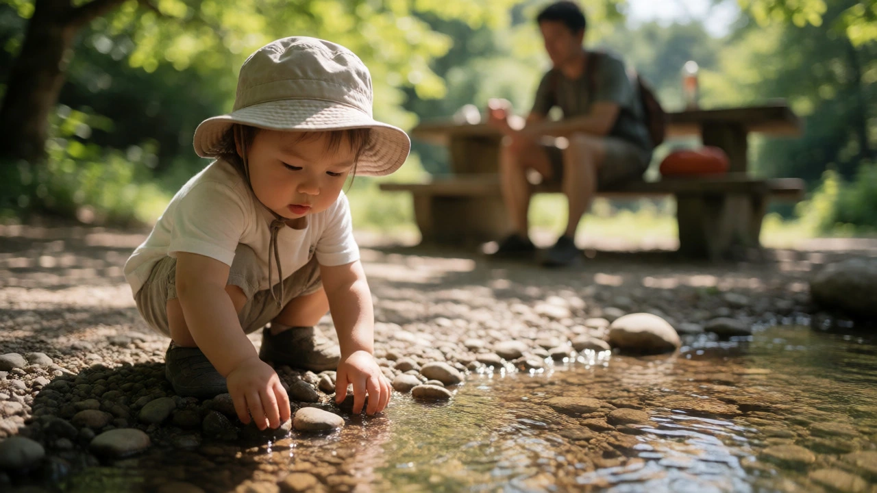 Toddler exploring a shallow stream at a campsite under dappled sunlight.