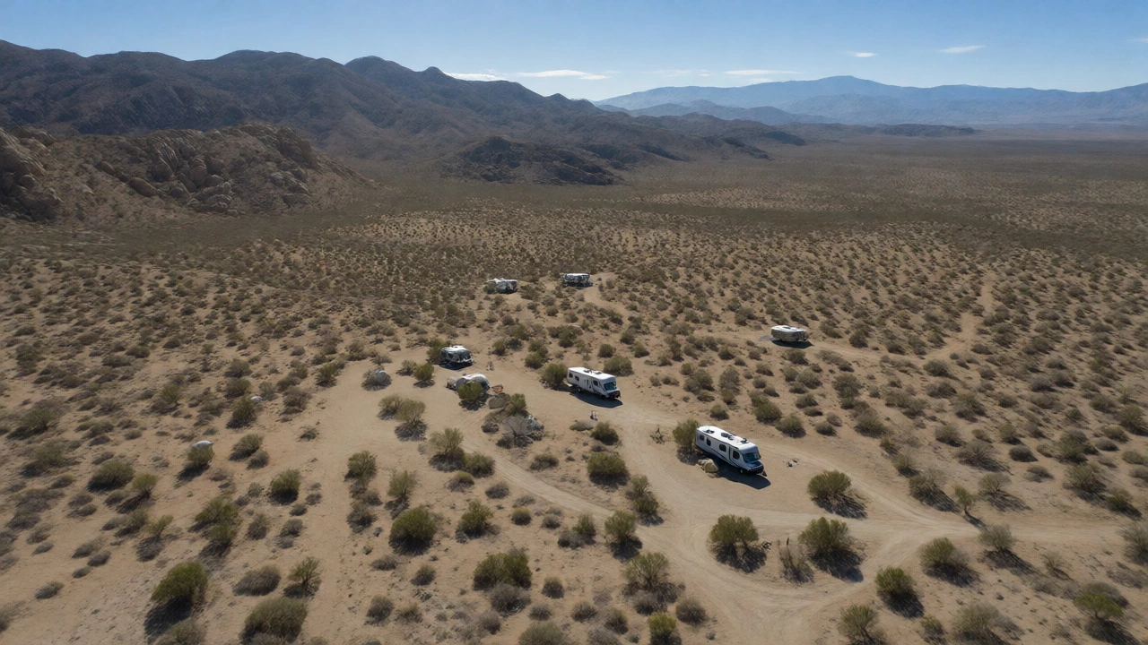 Aerial view of sparse dispersed camping sites on arid federal BLM land in California.