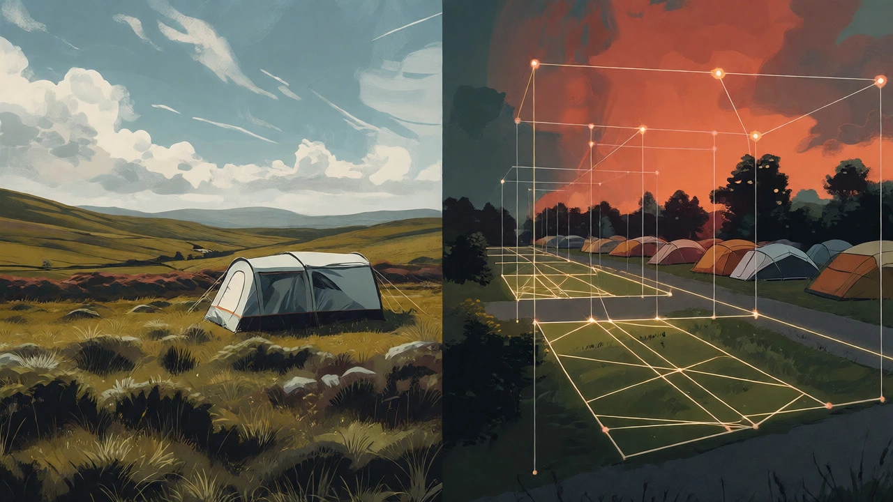 Artistic comparison of wild Scottish camping versus regulated English campsites