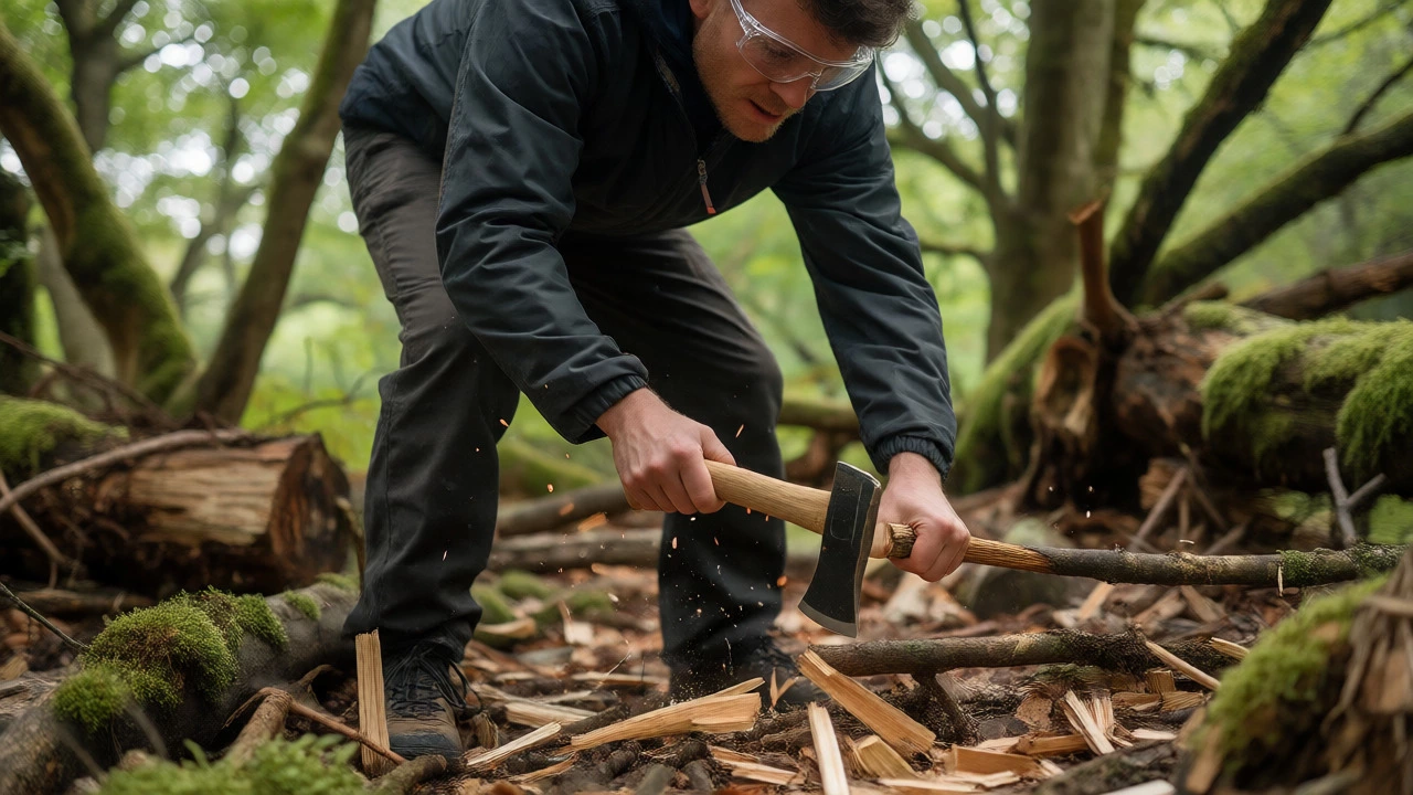 Camper safely splitting deadfall wood with hatchet