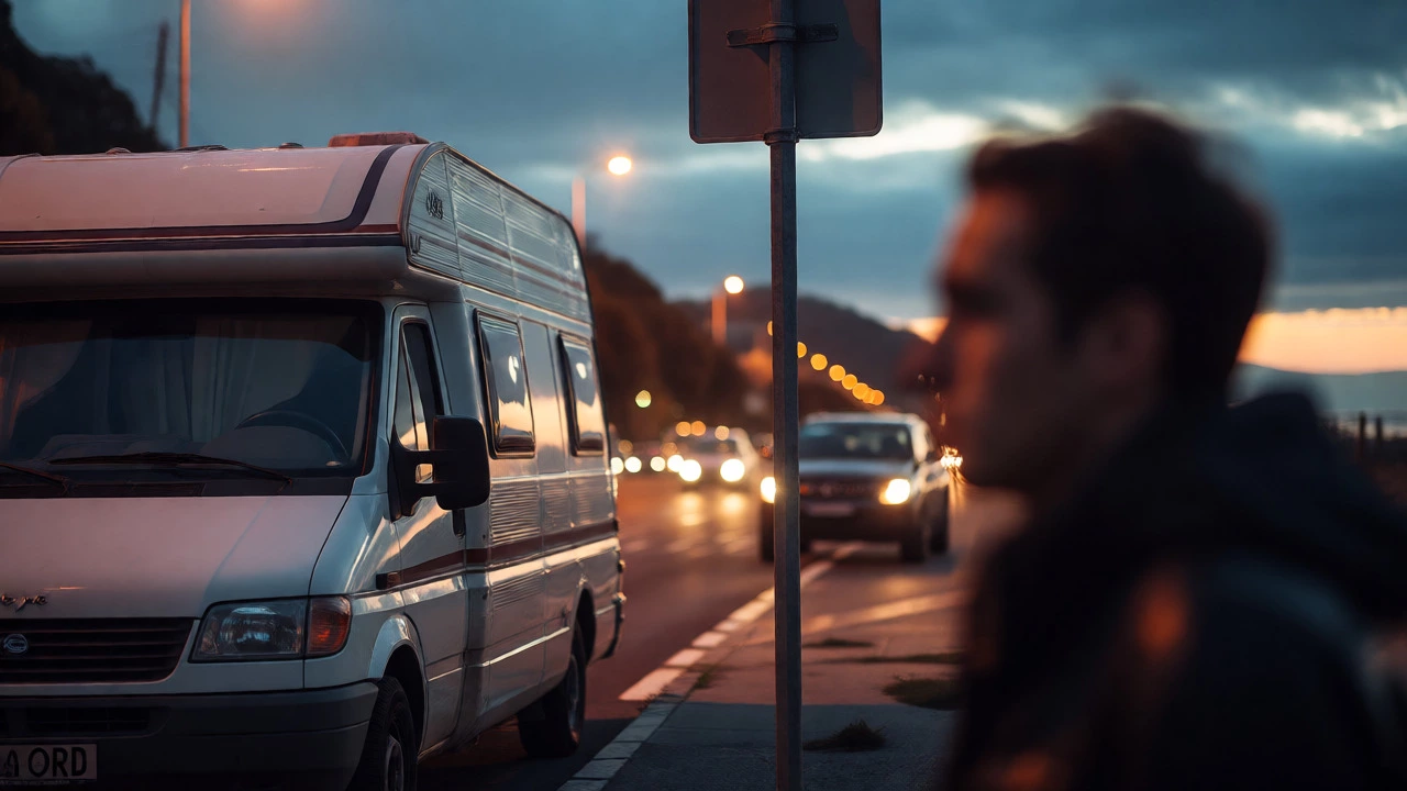 Camper van parked on a city street at dusk with an anxious driver looking at signage.