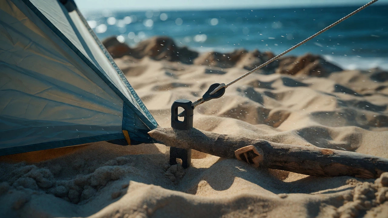 Close-up of dead man anchor technique securing a tent against wind on the beach