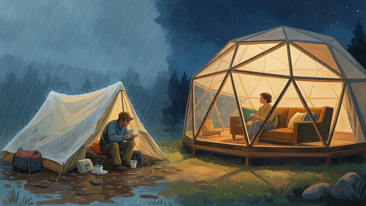 Contrast between struggling traditional camping and cozy luxury dome