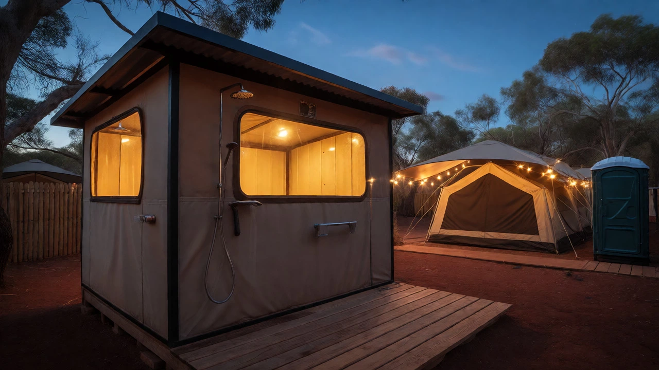 Cozy campground shower block and tent at dusk