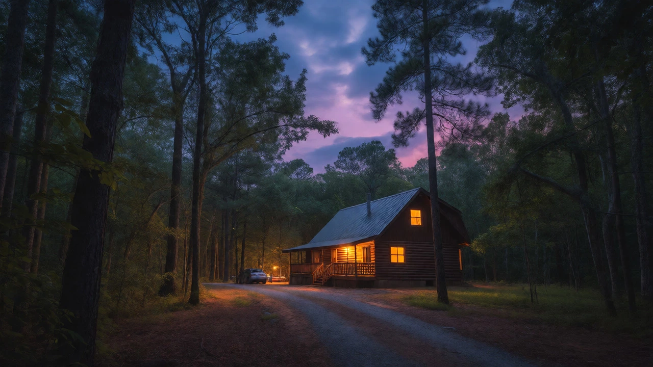 Cozy log cabin rental glowing warmly among trees at Lake Malone at dusk.