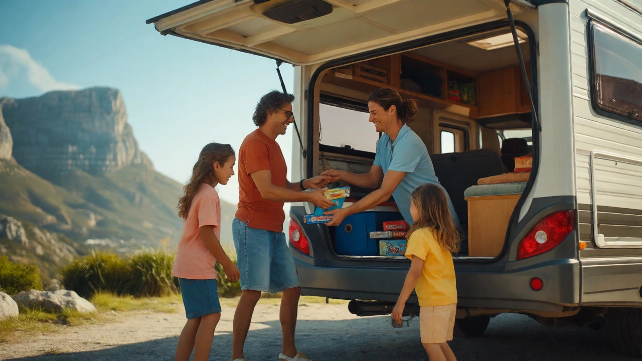 Family unpacking leisure items from RV at a scenic mountain overlook