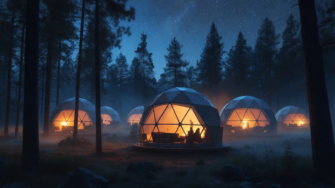 Glowing geodesic domes in a misty forest at night under a starry sky.
