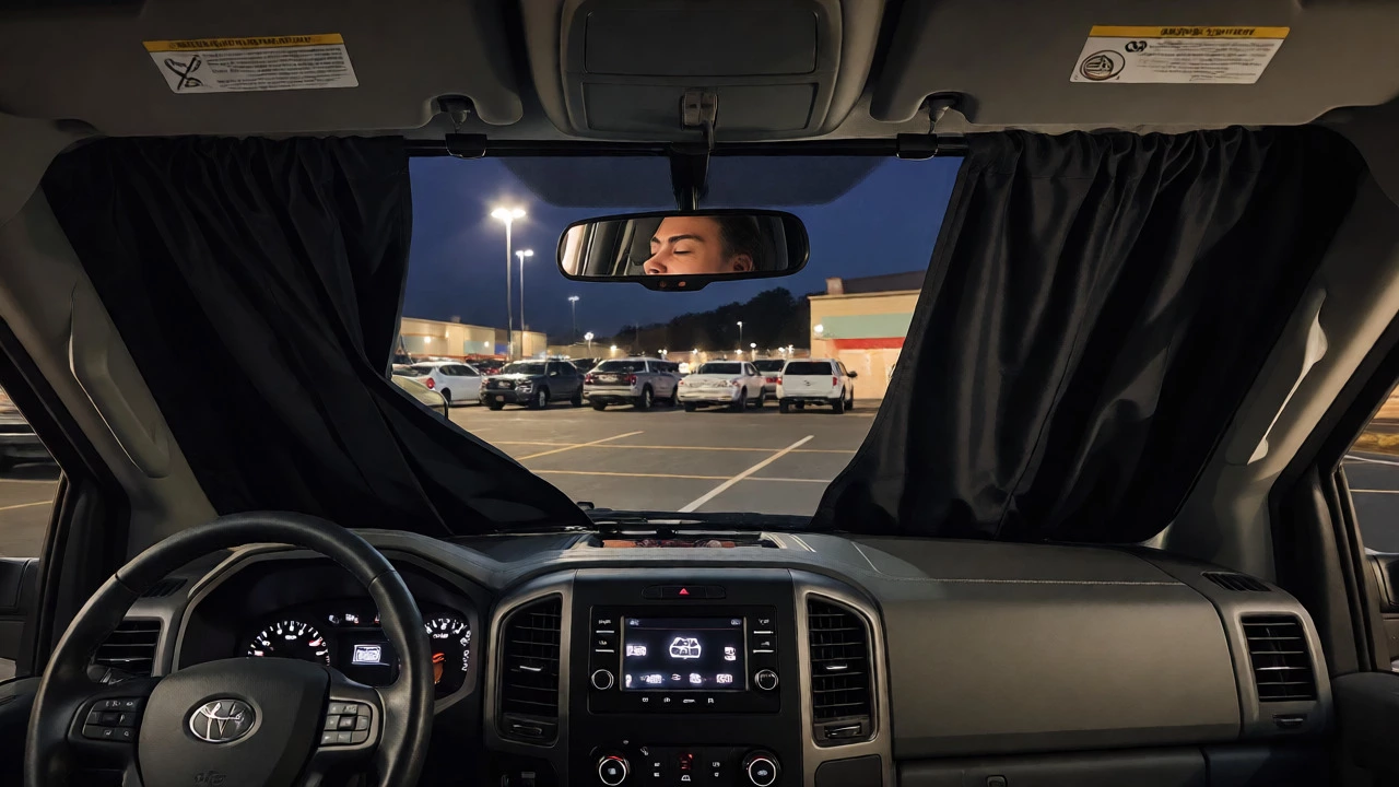 Interior car view at night with blackout curtains, showing a safe resting spot.
