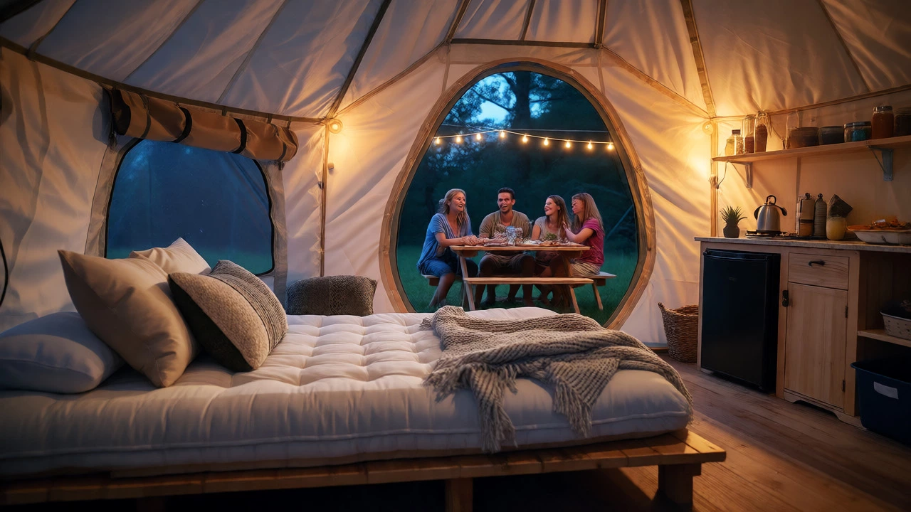 Interior of a yurt with cozy bedding and kitchenette, looking out to a family dinner.