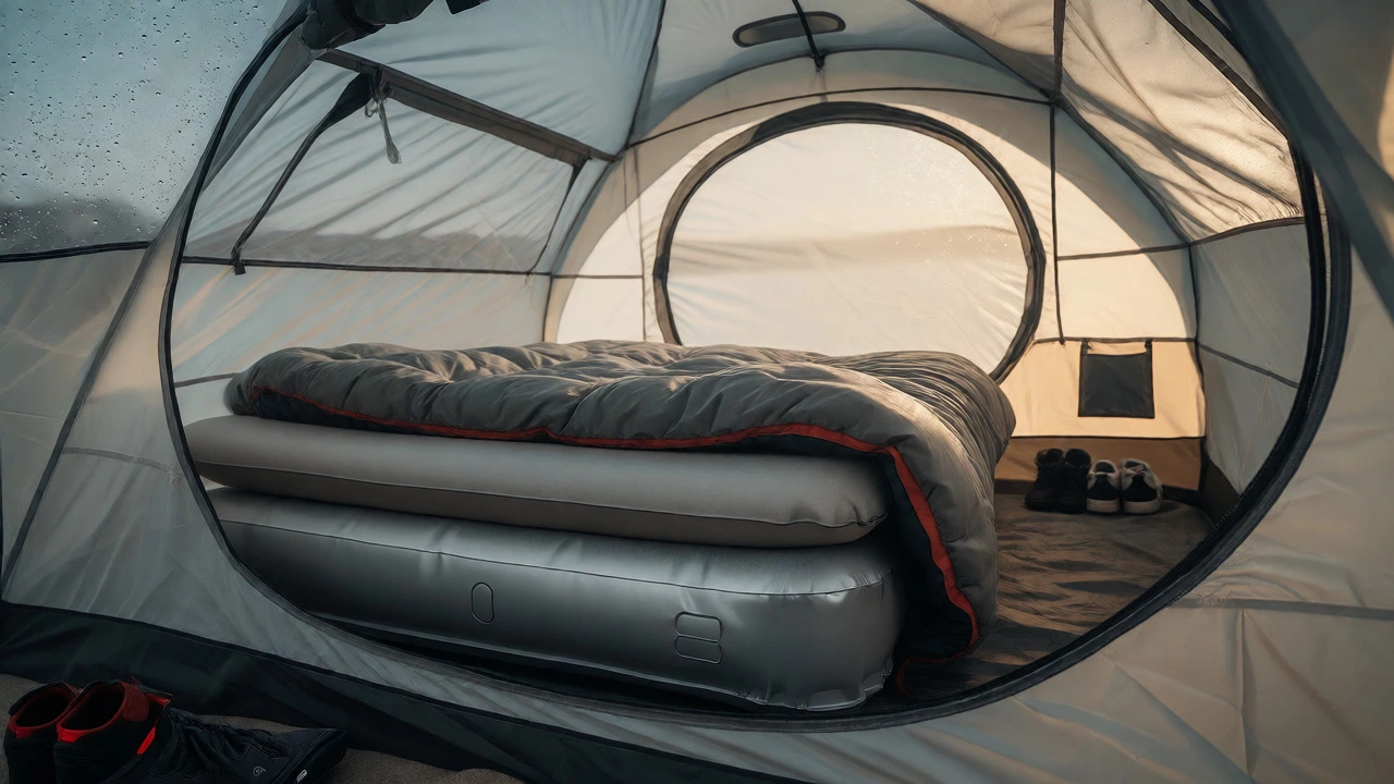 Interior of beach tent showing insulated sleeping setup and clean shoe-free zone