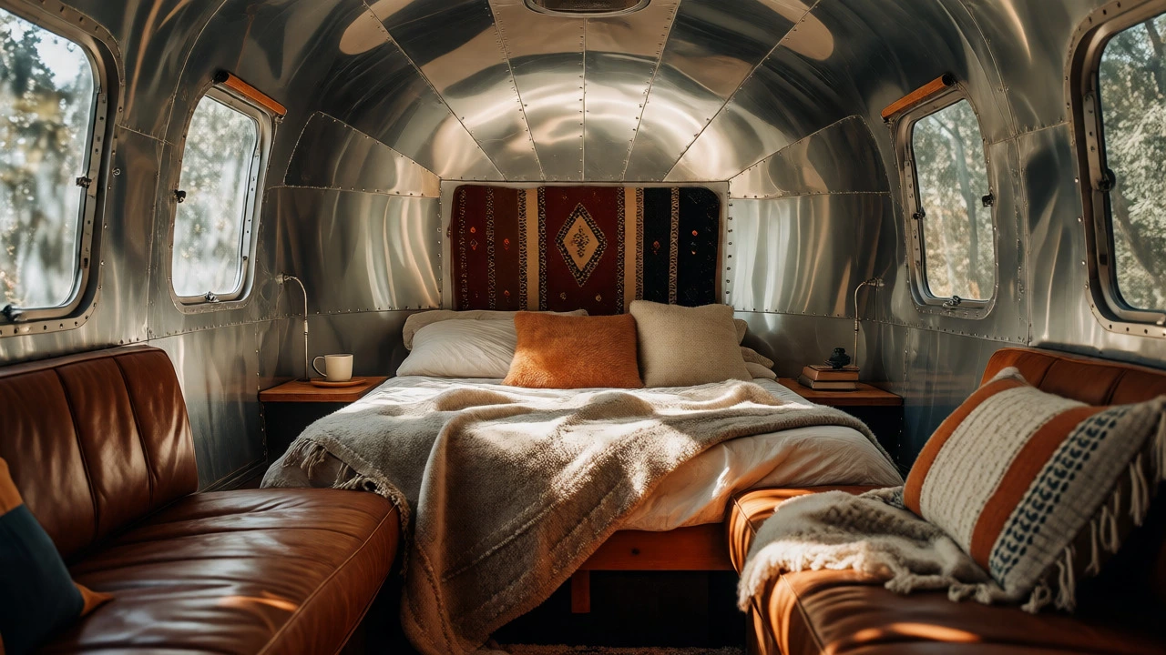 Interior of renovated vintage Airstream with modern luxury bedding