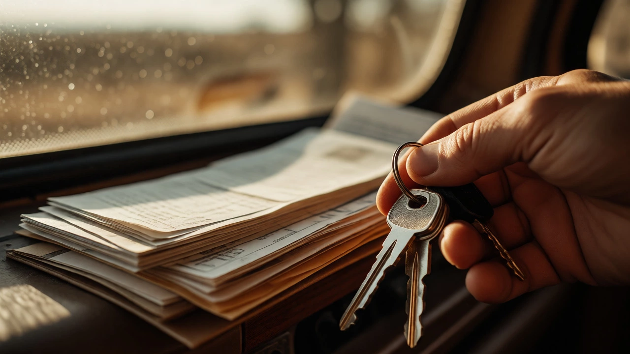 Keys and documents held inside a sunlit motorhome interior
