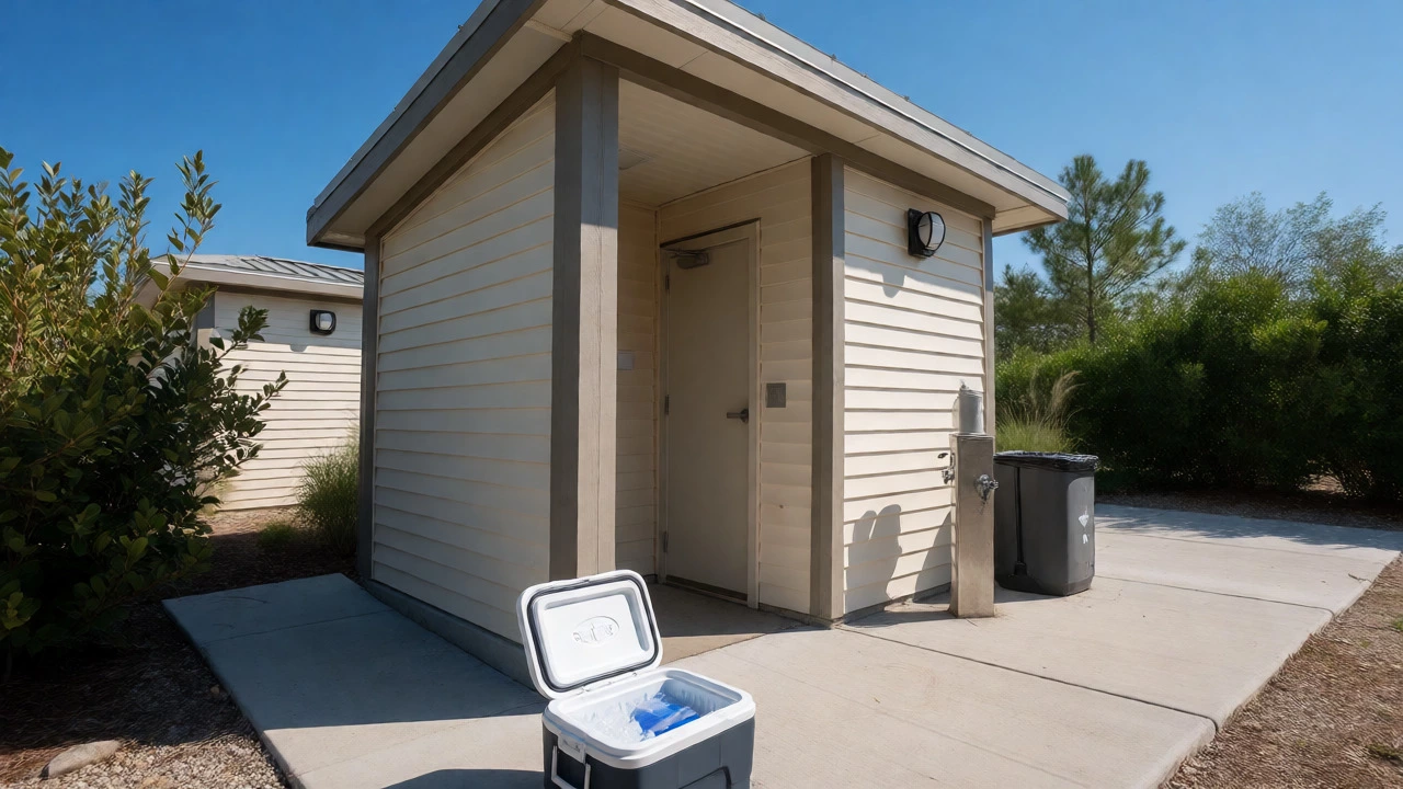 Modern shower house and water spigot amenities at a Lake Malone campsite.