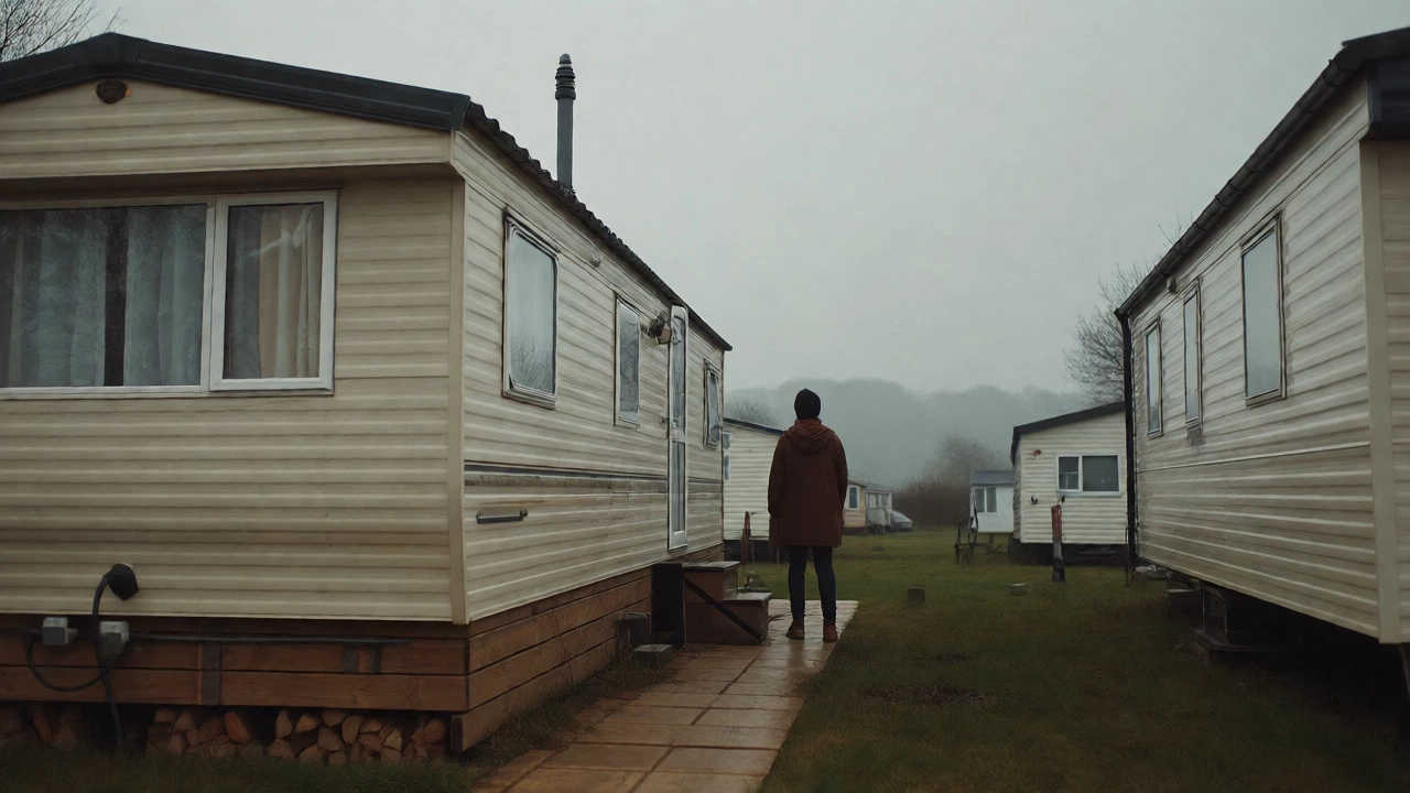 Person standing by a static caravan in a misty UK holiday park