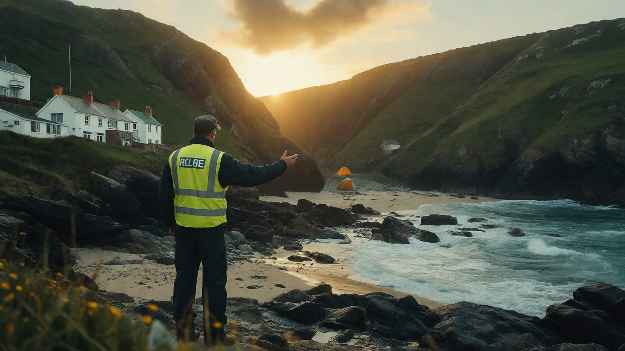 Ranger speaking to a camper on a Cornish beach