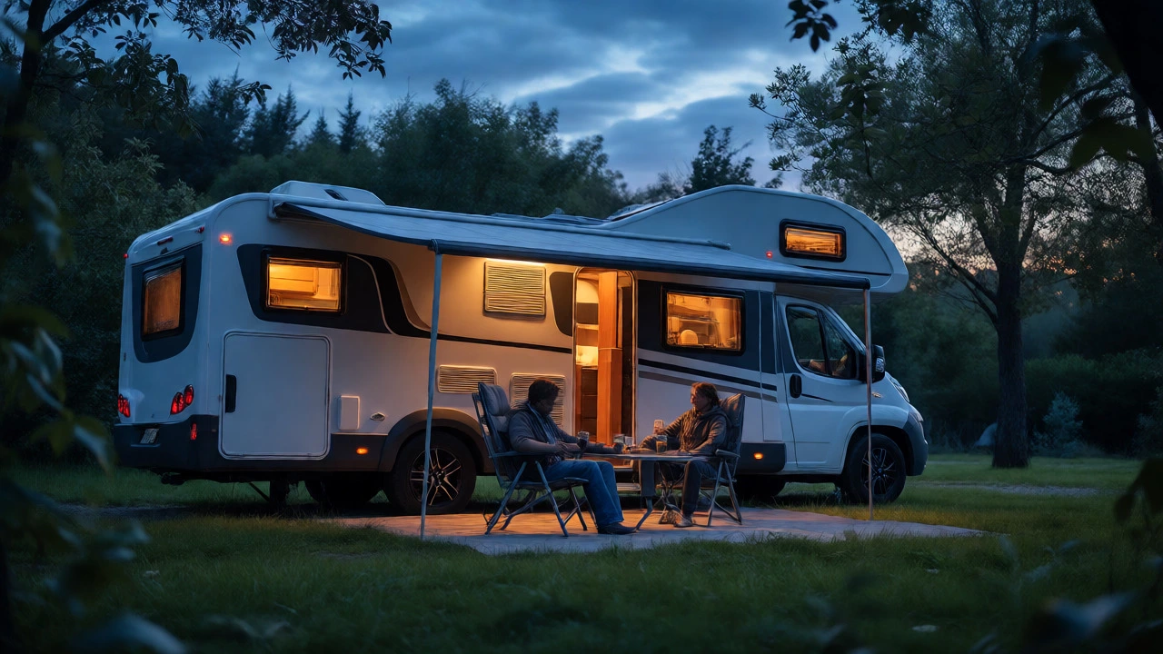Relaxed couple enjoying evening at their motorhome campsite at dusk