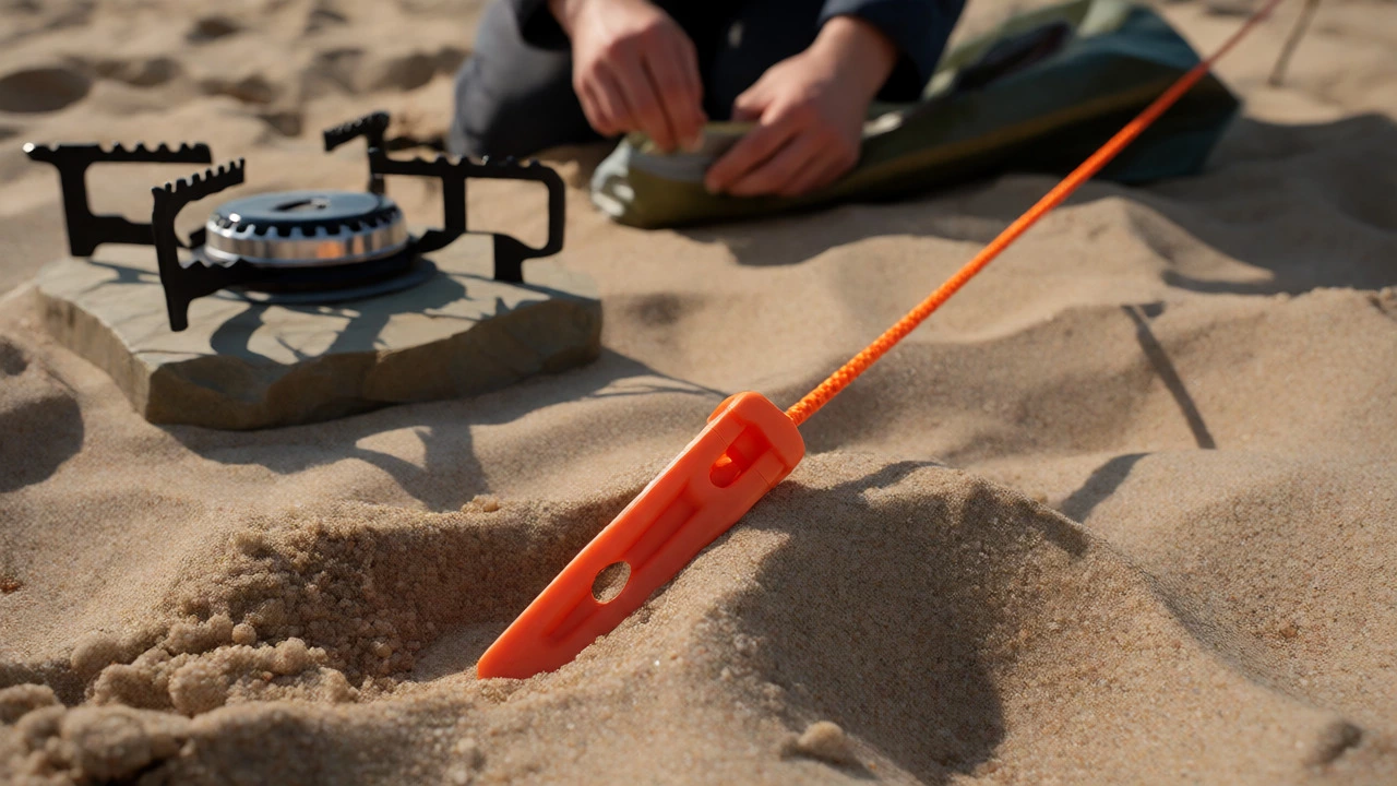 Sand peg securing a tent guy line on loose beach sand