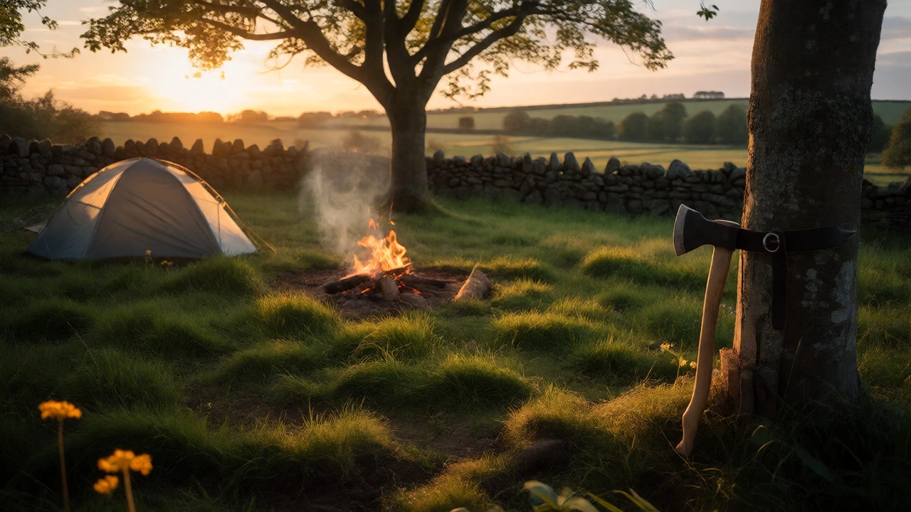 Sheathed axe resting safely near wild campsite at dusk