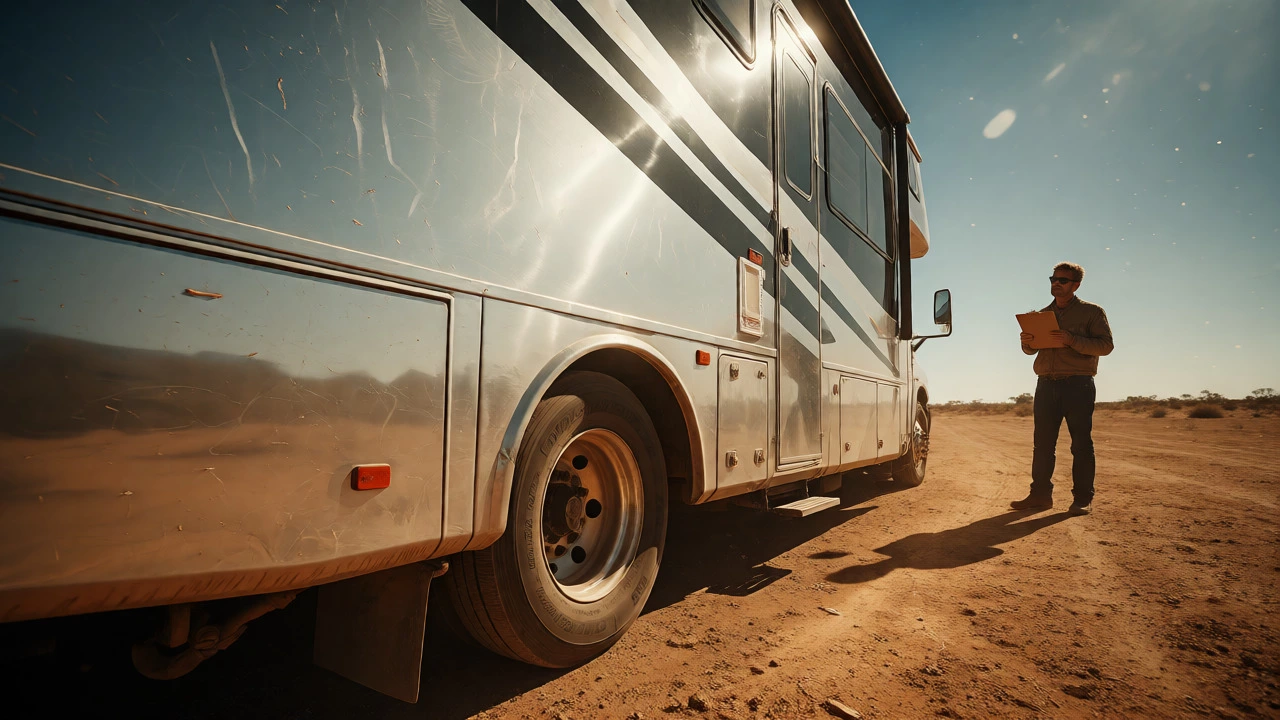 Silver motorhome in dusty lot with buyer inspecting for flaws