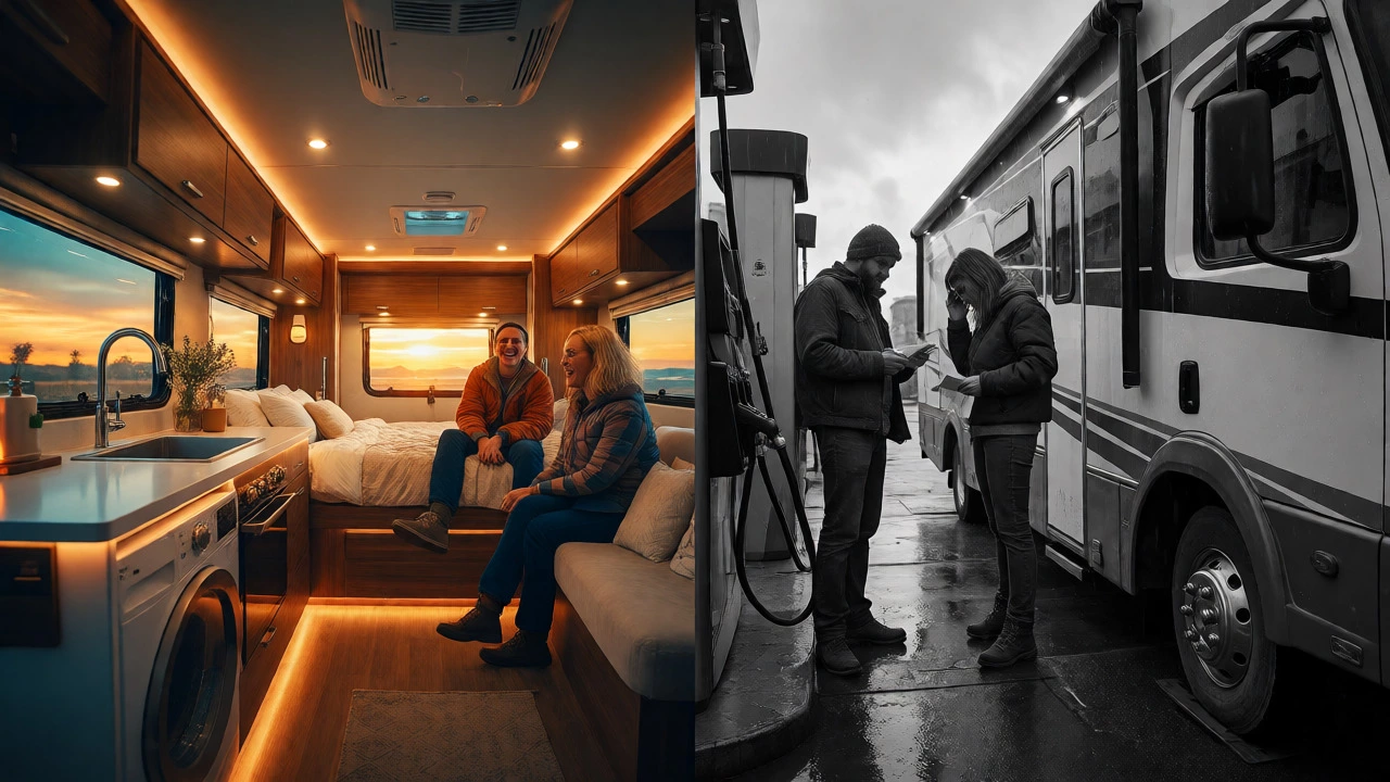 Split scene comparing luxury motorhome dreams vs maintenance reality