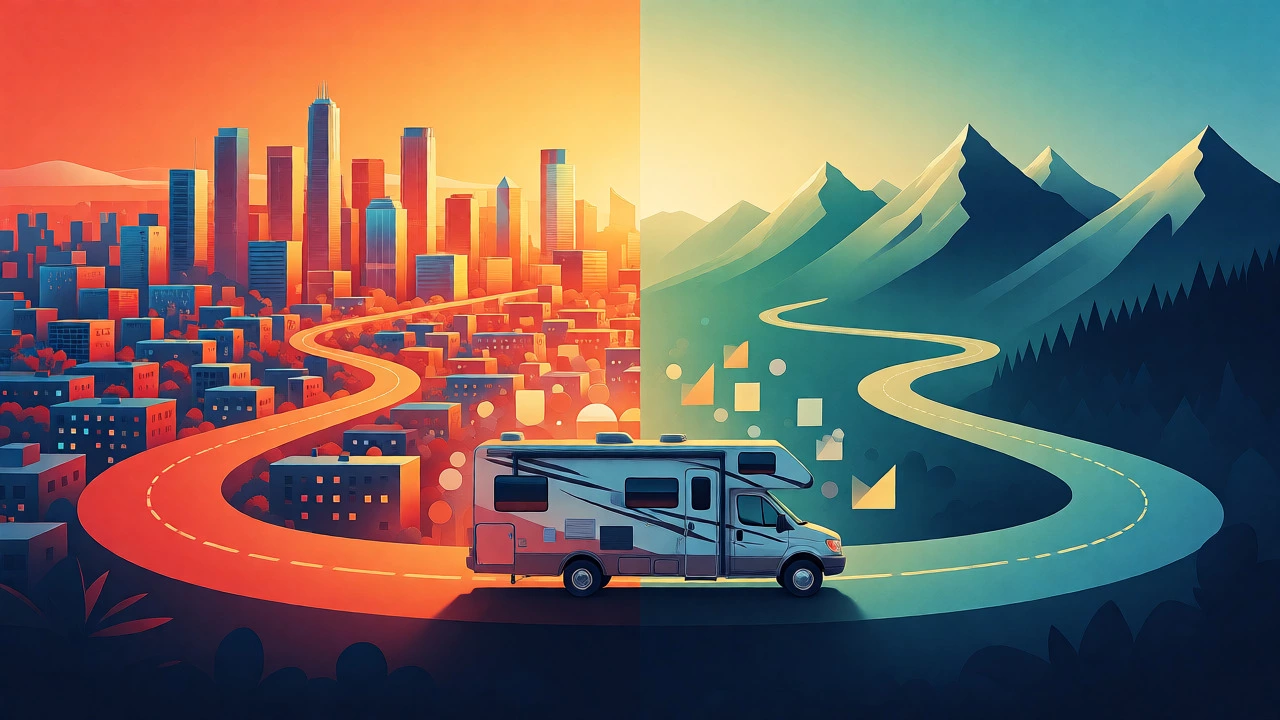 Stylized RV traveling between busy cities and quiet mountains